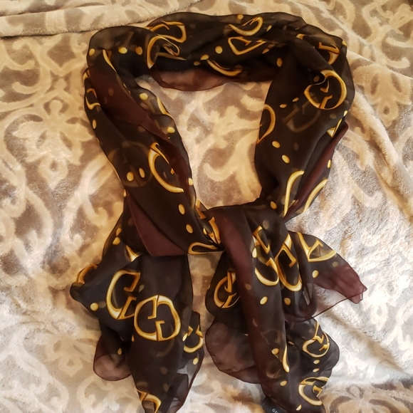 Gucci Silk Scarf Stole 76x27in Brown Gold GG Print - Picture 2 of 9